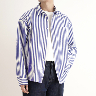 SHIJOIN原创POCKETIME深蓝色条纹衬衫200191宽松质感纯棉长袖衬衣