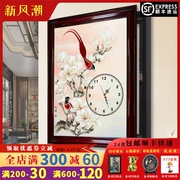 电表箱遮挡装饰画 配电箱客厅中国画 侧开免打孔实木框带钟表壁画