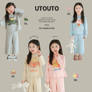 utouto大耳象女童卡通，图案毛衣&纯色毛线，裤2024春季儿童