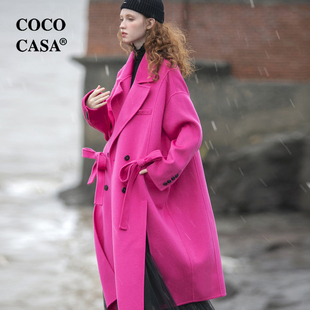 cococasa大牌羊毛双面呢大衣女长款2023秋冬新玫粉色羊绒毛呢外套