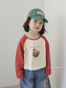 豆包君2024韩版春季女童卡通小熊长袖T恤儿童插肩洋气打底衫