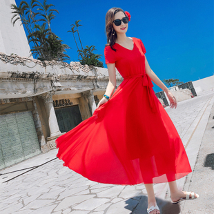 短袖连衣裙女三亚红色收腰显瘦中长款海边旅游浪漫日光雪纺沙滩裙