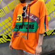高货连帽短袖t恤女士2024年夏季韩版宽松网红个性橙色上衣服ins潮