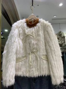 仿皮草毛绒外套女冬季韩版圆领绑带显瘦加厚保暖上衣0.73