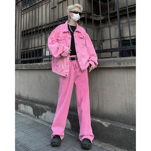 粉色牛仔套装男美式复古休闲长裤牛仔衣外套，高街潮牌两件套高级感