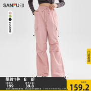 三福休闲裤女2024春季工装口袋长裤小个子粉色裤子女装482051