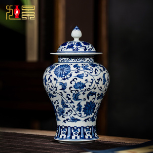 景德镇陶瓷花瓶青花瓷将军罐手绘中式茶叶罐子客厅装饰品瓷器摆件