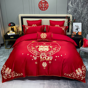 新婚庆(新婚庆)四件套，大红色全棉刺绣结婚房喜被套六八十件套纯棉床上用品
