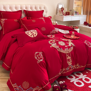 高档龙凤双喜刺绣婚庆，四件套大红色被套床单，全棉纯棉结婚床上用品
