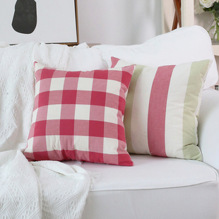 北欧田园风格子沙发抱枕红色，绿色地中海风格，蓝色横条靠垫客厅靠枕