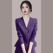MeiXi高端复古紫色V领西装外套女2023秋季高级感气质收腰西服