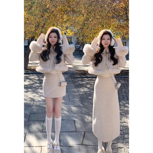 深秋冬装搭配一整套小个子高级感气质毛呢外套半身裙子两件套装女