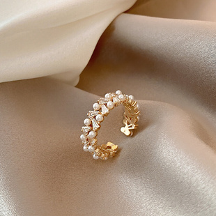 淡水珍珠戒指女小众设计2022年高级感镶钻食指戒独特开口戒素