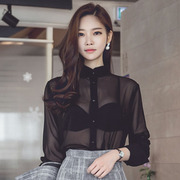 韩国2023防晒女装衬衣性感，透视夏季外穿薄款上衣长袖雪纺衬衫