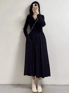 高级垂坠感黑色连衣裙女秋冬季小众设计感赫本风收腰显瘦拼接长裙