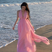 沙滩连衣裙长裙飘逸粉色大摆性感挂脖垂坠感仙女绝美小裙海边度假
