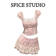 胖mm大码法式蕾丝，拼接粉色甜美碎花，假两件短袖小衫半身短裙两件套