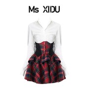 Ms XIDU 复古红格子半身裙衬衣套装收腰显瘦撞色拼接高腰蓬蓬半裙