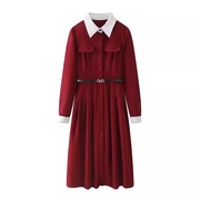 连衣裙 时尚撞色拼接圣诞款酒红色法式腰带收腰百褶 长裙0.66