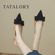 tatalory法式蝴蝶结包头凉鞋，女中跟拼色小香风，细跟后空单鞋