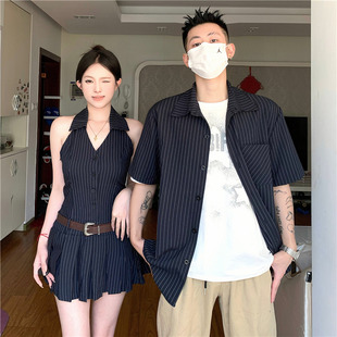 小众设计感情侣装夏季韩版短袖衬衫男女，连衣裙法式一裙一衣ins潮