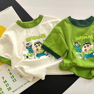 2024韩版童装绿色白色时髦洋气，纯棉t恤短袖卡通印花潮