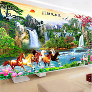 中式客厅电视背景墙装饰壁纸壁画流水生财风景画影视墙八骏图墙布