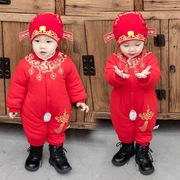 婴儿连体衣服秋冬装红色，新生儿棉衣爬服男女童哈衣宝宝，拜年服