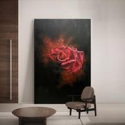 网红侘寂风红玫瑰客厅装饰画大幅落地花卉肌理纯手绘油画玄关走廊