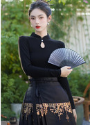 新中式黑色国风盘扣长袖t恤女2024打底衫配马面裙的上衣春季