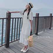 温柔风雪纺拼接长裙女夏季度假沙滩裙收腰法式茶歇白色连衣裙