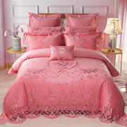婚庆四件套粉色蕾丝绣花全棉结婚床上用品六八十件套贡缎提花喜被