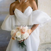 新娘手套白色长款婚纱礼服抹胸裙灯笼袖遮手臂袖子拍照造型款