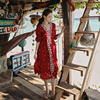 奈良民族风连衣裙红色，长裙复古三亚沙滩裙女夏季海边度假波西米亚