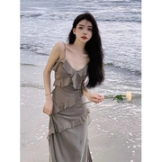吊带雪纺洋装显瘦露肩海边度假沙滩裙超仙三亚泰国旅游拍照长裙