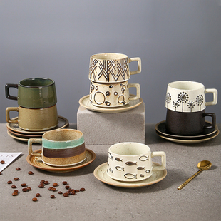 日式咖啡杯套装创意，咖啡店办公室陶瓷杯子高档复古粗陶杯商用杯碟