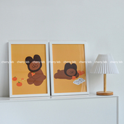 韩国ins风吃橘子小熊可爱卡通，民宿卧室装饰海报，墙贴拍照道具画框