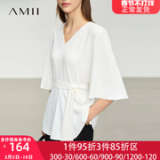 Amii遮肚显瘦V领雪纺衫短袖小衫洋气2024年春装气质衬衫上衣