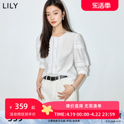 lily2024夏女装(夏女装)优雅浪漫蕾丝宽松垂坠感泡泡袖七分袖白衬衫女