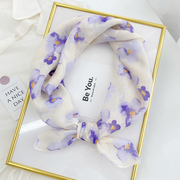 夏秋法式复古发带紫色花朵棉麻小方巾护颈领巾薄款小围巾装饰头巾
