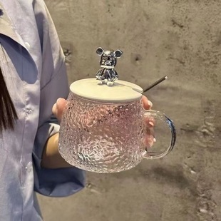 日式卡通熊玻璃杯网红水杯，带把手茶杯早餐，学生女咖啡牛奶杯子