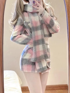 韩系甜美减龄小香风时尚气质呢子格纹外套高腰设计感短裙套装秋冬