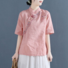 刺绣棉麻衬衫女2024夏季复古短袖，衬衣套头立领，盘扣中国风茶服上衣