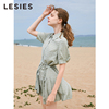 LESIES蓝色倾情夏季女装格子衬衫领百褶系带OL短袖气质连衣裙