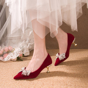 细跟婚鞋女春季2023年中式红色新娘鞋子不累脚孕妇可穿高跟鞋