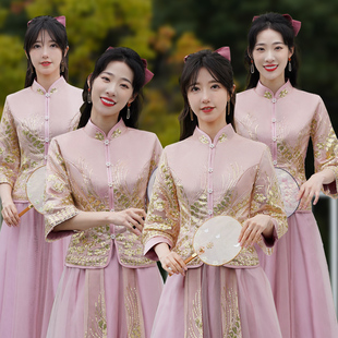 中式伴娘服结婚礼服女2024冬季中国风汉服旗袍，姐妹团伴娘裙小个子
