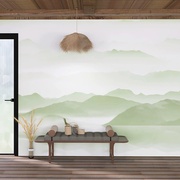 新中式水墨画墙纸山水素雅民宿背景壁画意境，中国风禅意茶室壁纸