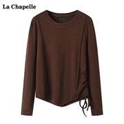 拉夏贝尔/La Chapelle不规则抽绳紧身打底衫女秋正肩长袖t恤上衣