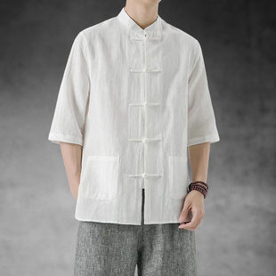 新中式男装白衬衫长袖盘扣，中国风亚麻唐装高级感短袖道袍外套衬衣