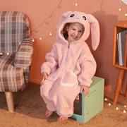儿童动物连体睡衣女童粉红色，兔子可爱卡通家居服，秋冬季加厚加绒